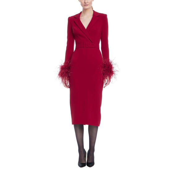 Badgley Mischka Dresses & Skirts - Badgley Mischka sz 0 Feather Trim Belted Sheath Long Sleeve Red Dress $700